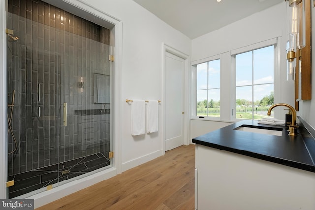 bathroom featuring vanity, wood-type flooring, and walk in shower