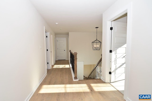 hallway with a notable chandelier and light hardwood / wood-style floors