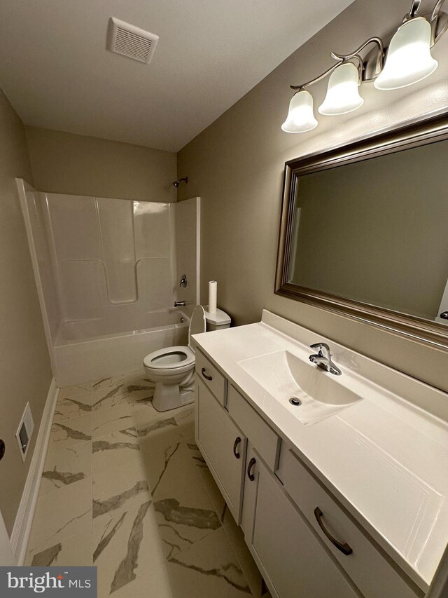 bathroom with vanity, visible vents, bathtub / shower combination, toilet, and marble finish floor