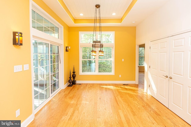 unfurnished dining area featuring a healthy amount of sunlight, a raised ceiling, and light hardwood / wood-style flooring