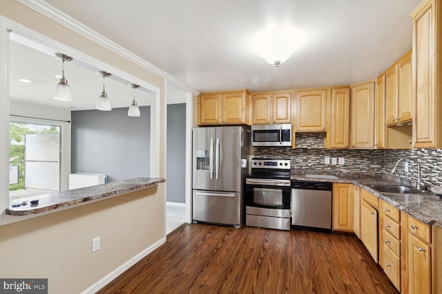 kitchen with backsplash, dark wood-type flooring, appliances with stainless steel finishes, sink, and pendant lighting