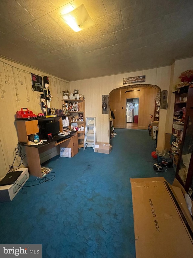 miscellaneous room with wood walls and carpet floors