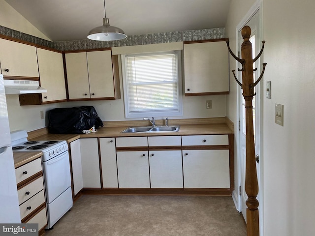 kitchen featuring light carpet, sink, hanging light fixtures, white range oven, and vaulted ceiling