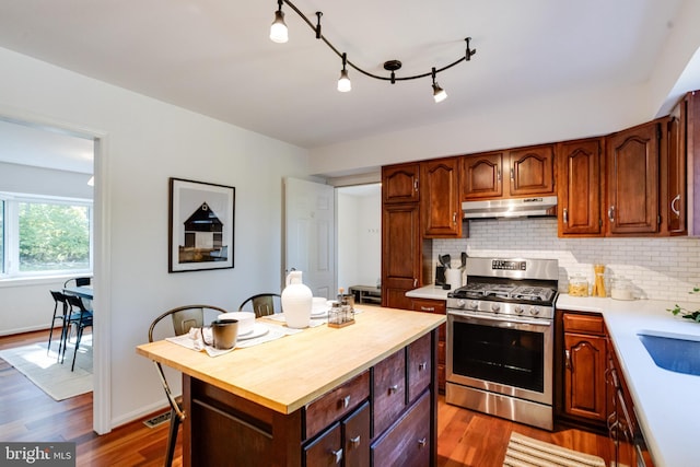 kitchen with a center island, backsplash, sink, stainless steel gas range, and dark hardwood / wood-style floors