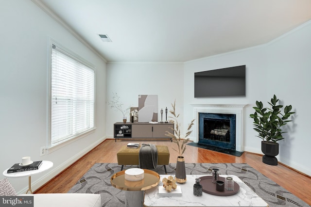 living room featuring wood-type flooring, crown molding, and a high end fireplace