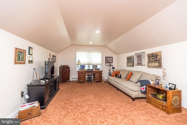 carpeted living room featuring vaulted ceiling and baseboard heating