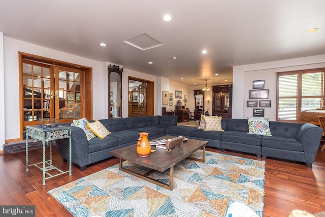 living room featuring dark wood-type flooring