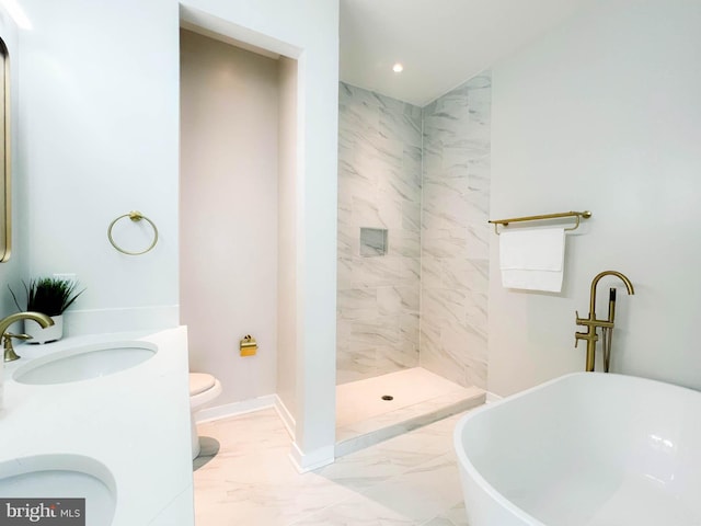 full bathroom featuring toilet, shower with separate bathtub, and vanity