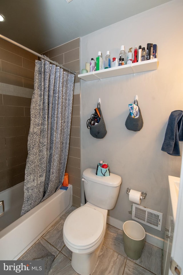 full bathroom with tile flooring, vanity, toilet, and shower / bathtub combination with curtain