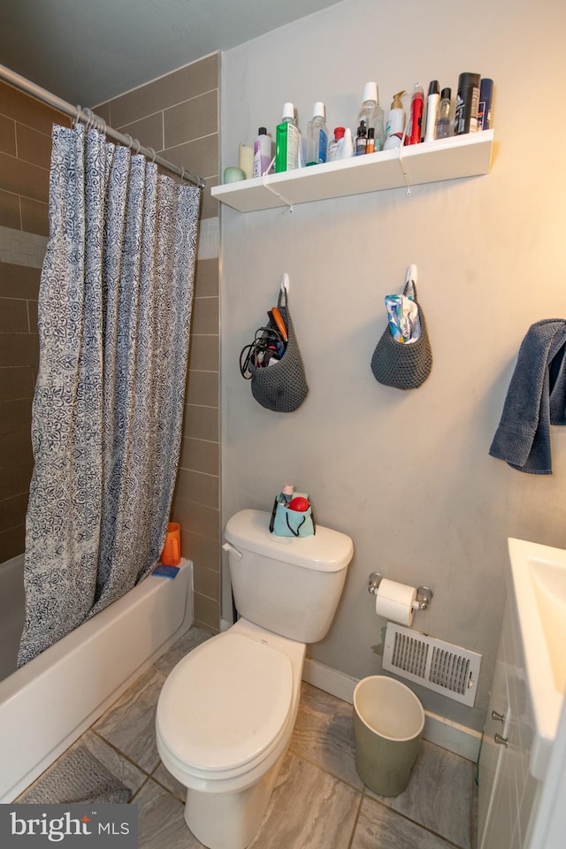 full bathroom featuring vanity, shower / bathtub combination with curtain, toilet, and tile flooring