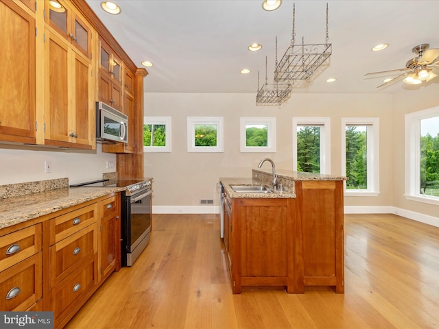 kitchen with plenty of natural light, stainless steel appliances, light hardwood / wood-style flooring, and sink