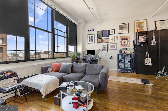 living room featuring hardwood / wood-style flooring, plenty of natural light, and a towering ceiling