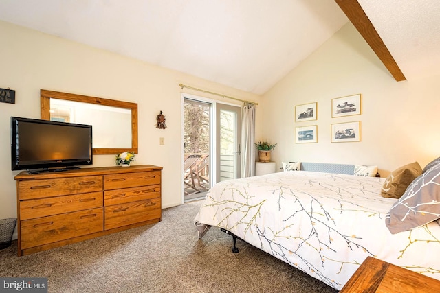 bedroom with carpet floors, vaulted ceiling with beams, and access to exterior