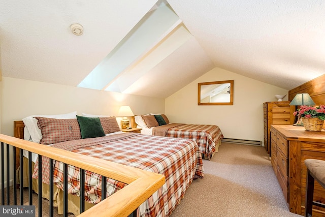 carpeted bedroom with vaulted ceiling with skylight, baseboard heating, and a textured ceiling