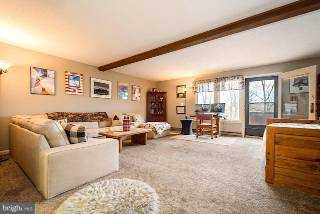 living room featuring a textured ceiling, beam ceiling, carpet, and a baseboard heating unit