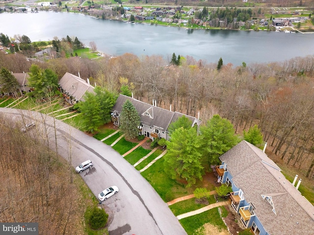 drone / aerial view featuring a water view