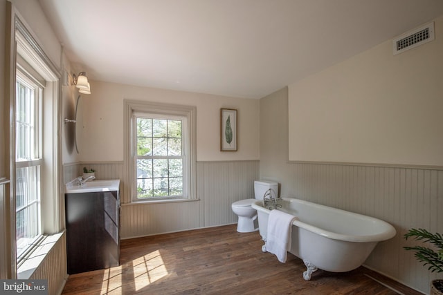 bathroom featuring wood-type flooring, a bathtub, vanity, a bidet, and toilet
