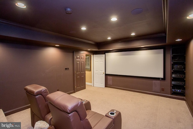 cinema with light carpet, a raised ceiling, and ornamental molding