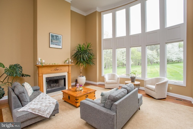 living room with ornamental molding, light wood-type flooring, and a towering ceiling