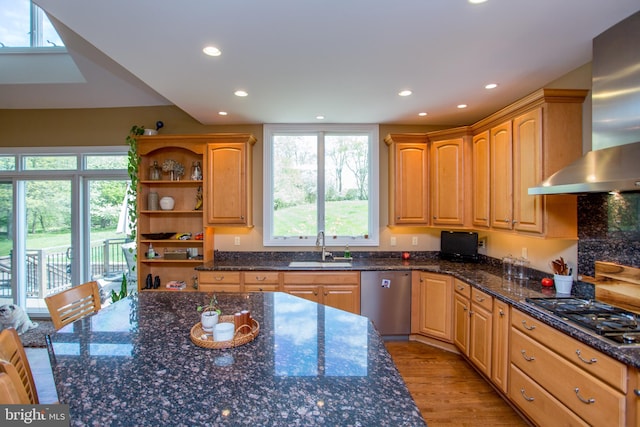 kitchen featuring black gas cooktop, wall chimney exhaust hood, a wealth of natural light, and stainless steel dishwasher