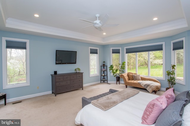 carpeted bedroom with crown molding, ceiling fan, and a raised ceiling