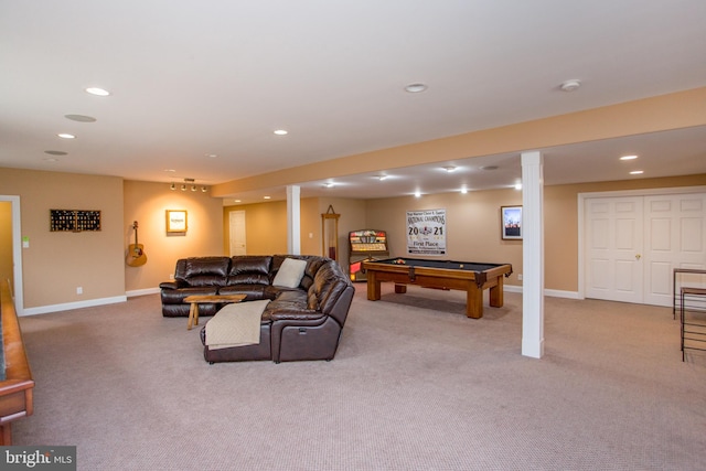 living room with pool table and light colored carpet