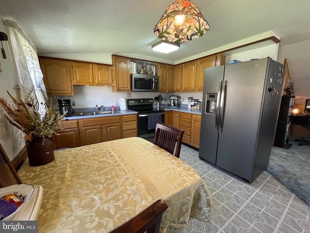 kitchen featuring light colored carpet, lofted ceiling, appliances with stainless steel finishes, and sink