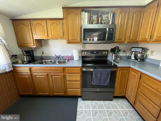 kitchen featuring sink, appliances with stainless steel finishes, a textured ceiling, and vaulted ceiling