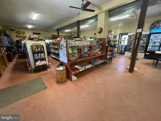 interior space with ceiling fan