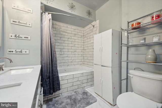 full bathroom featuring dual bowl vanity, shower / bath combo, tile floors, and toilet