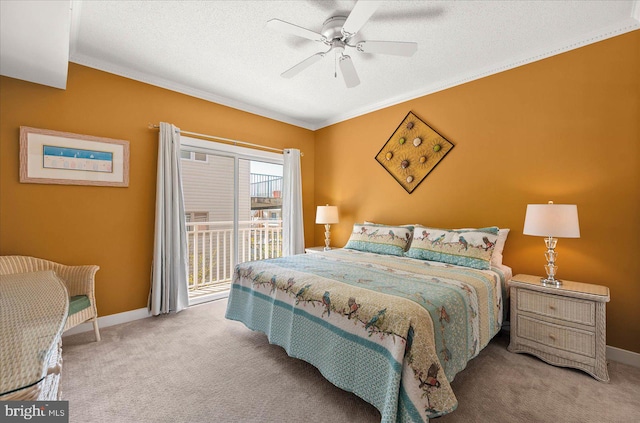 bedroom featuring crown molding, carpet, ceiling fan, and access to outside