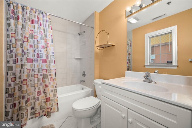 full bathroom featuring shower / tub combo, toilet, tile floors, and large vanity