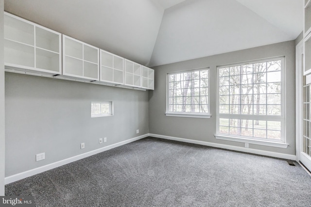 unfurnished room featuring vaulted ceiling, a healthy amount of sunlight, and carpet floors