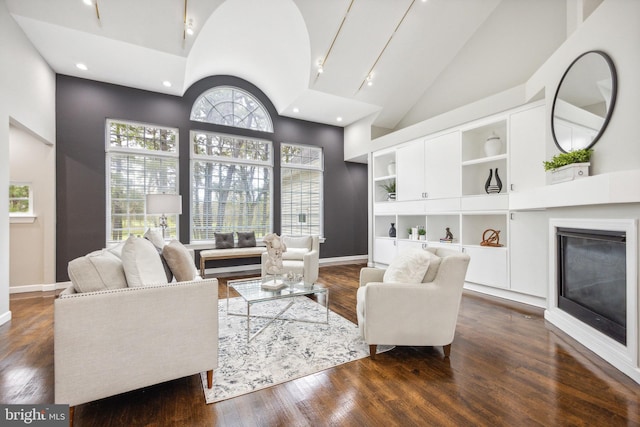 living room with high vaulted ceiling, built in features, and dark hardwood / wood-style floors