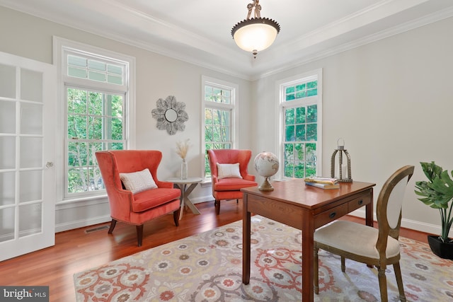 office with ornamental molding and hardwood / wood-style flooring