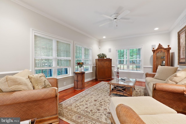 living room with plenty of natural light, hardwood / wood-style floors, and crown molding