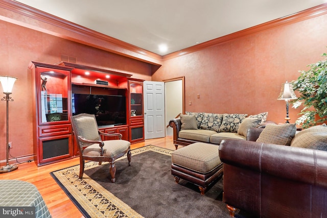 living room featuring ornamental molding and wood-type flooring