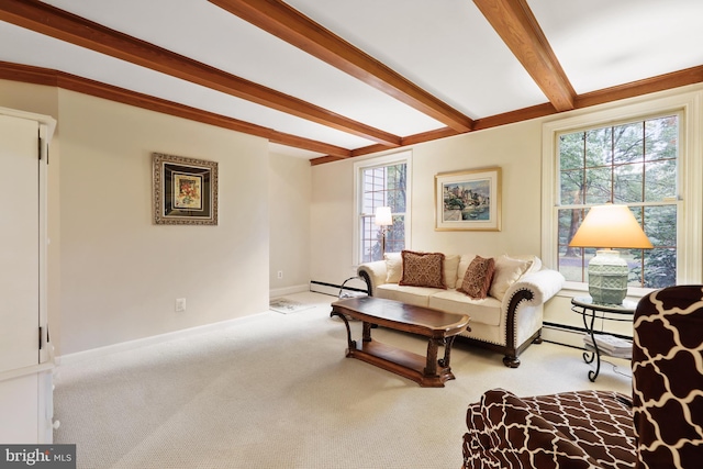 carpeted living room featuring beam ceiling and a baseboard radiator