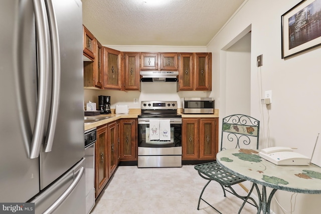 kitchen with exhaust hood, sink, appliances with stainless steel finishes, and a textured ceiling