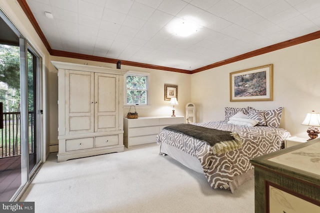 carpeted bedroom featuring baseboard heating, access to exterior, and ornamental molding