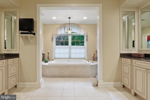 bathroom featuring ornamental molding, a relaxing tiled bath, tile floors, and vanity