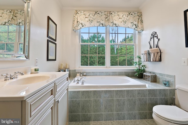 bathroom featuring ornamental molding, a relaxing tiled bath, toilet, and oversized vanity