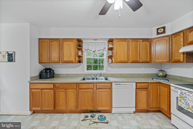 kitchen with light tile floors, ceiling fan, white appliances, and sink