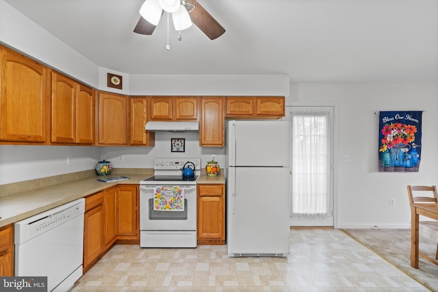 kitchen with ceiling fan, white appliances, and light tile floors