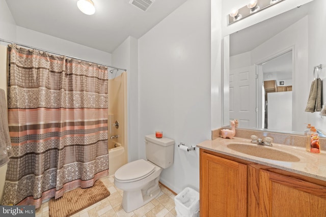 full bathroom with oversized vanity, toilet, tile floors, and shower / bath combination with curtain