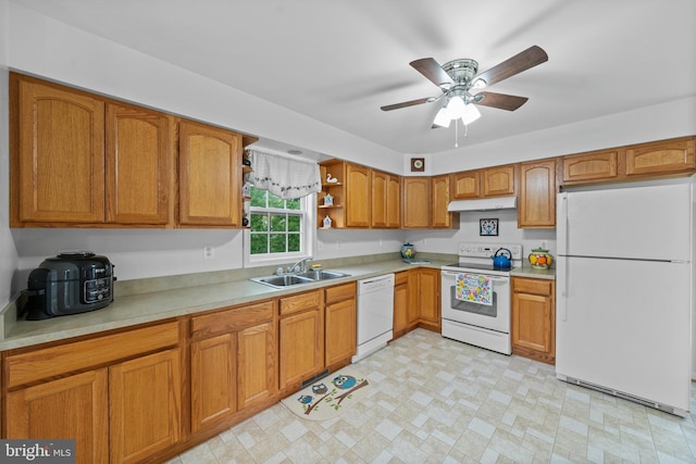 kitchen featuring sink, white appliances, ceiling fan, and light tile floors