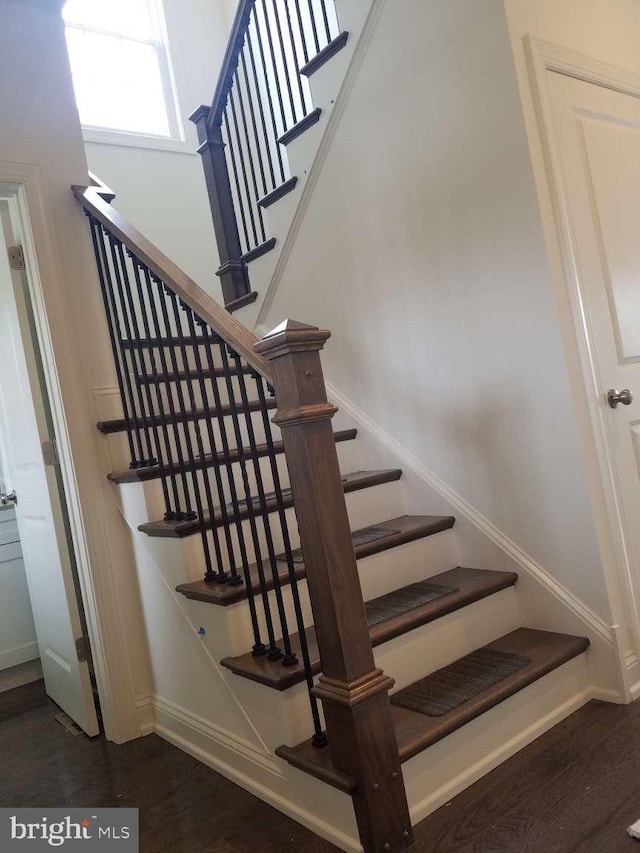 staircase with hardwood / wood-style flooring