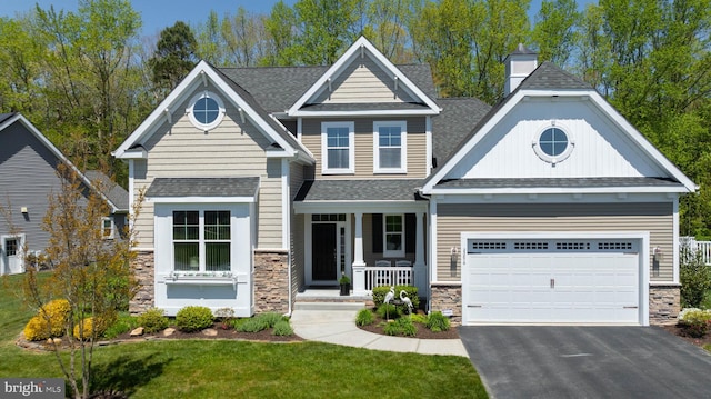 craftsman-style home with a porch and a front lawn