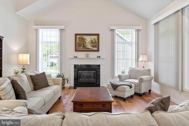 living room with high vaulted ceiling and light wood-type flooring