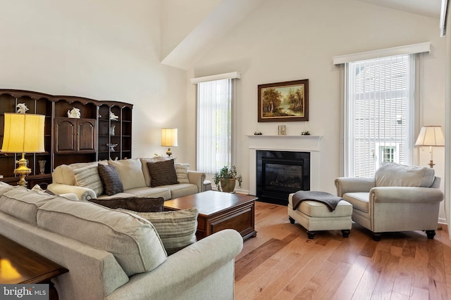 living room with high vaulted ceiling and light hardwood / wood-style flooring